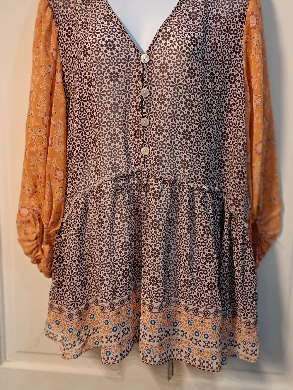 Boho Floral Button-Front Tunic Dress in Brown and Mustard